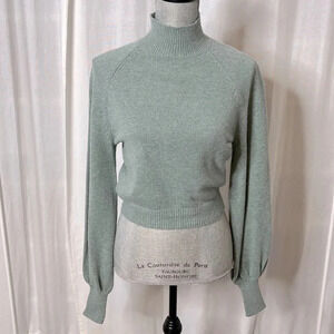 BCBGMAXAZRIA NWOT Sage Green Wool Mock Neck Balloon Sleeve Crop Sweater, Size S
